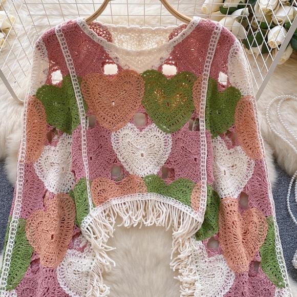 💗HP💗 Heart crochet fringe top long sleeve open knit pink green multicolor cream - Picture 2 of 3
